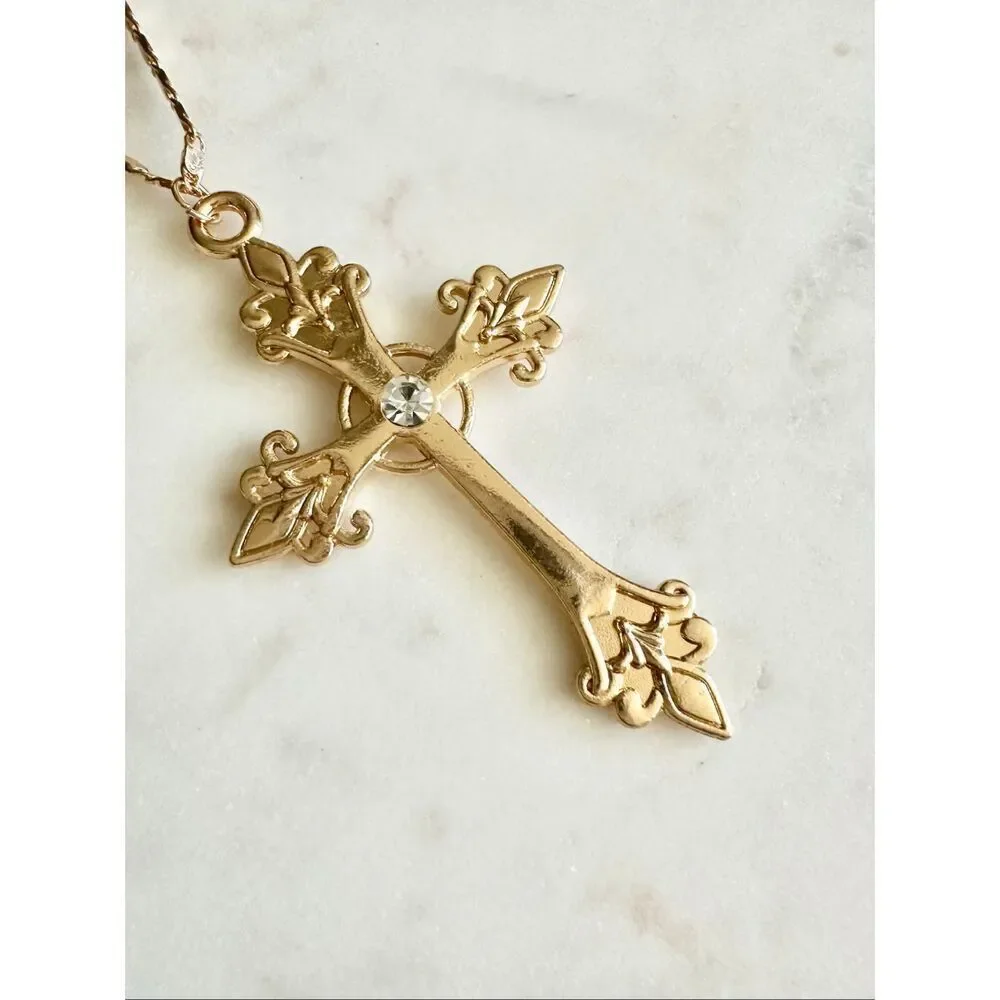 Gold color rhinestone cross pendant necklace